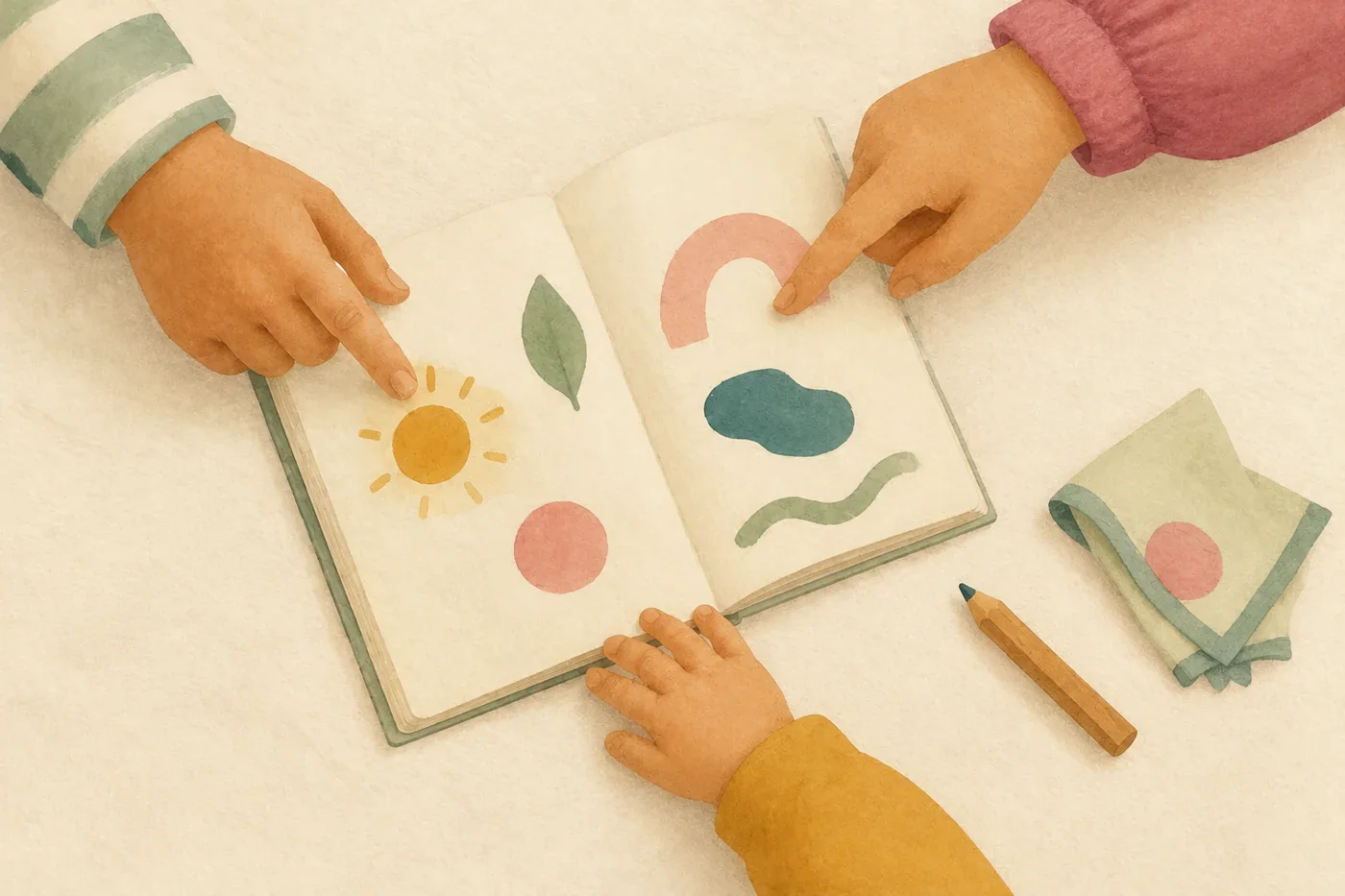 Mani di bambini e adulti raccolte attorno a un quaderno di disegni