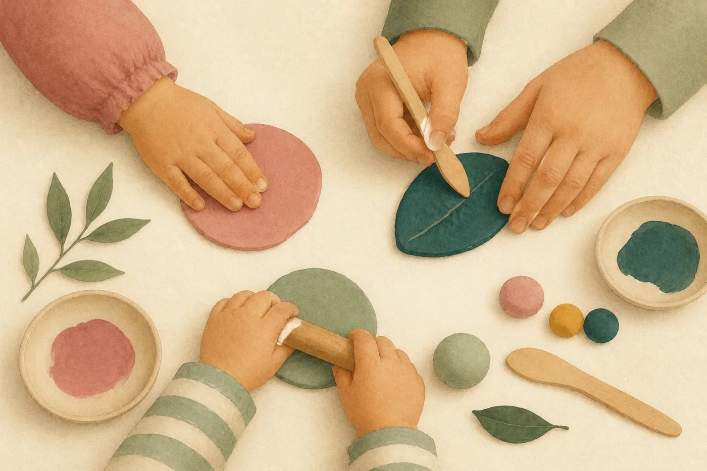 Mani di bambini che lavorano l’argilla con foglie e colori