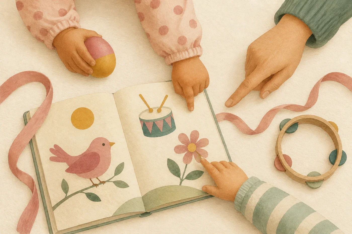 Mani di bambini e di un’educatrice che indicano le figure di un libro