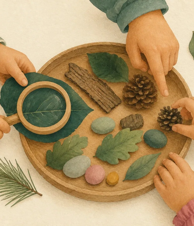 Mani di bambini che esplorano foglie, pigne e cortecce con una lente