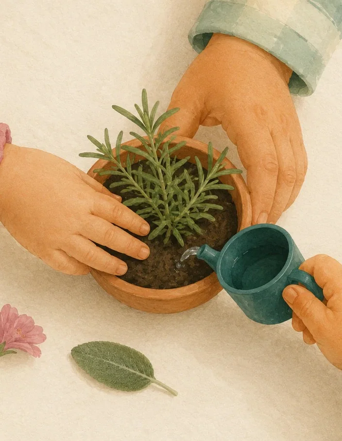 Mani di bambini e di un’educatrice che curano una pianta aromatica